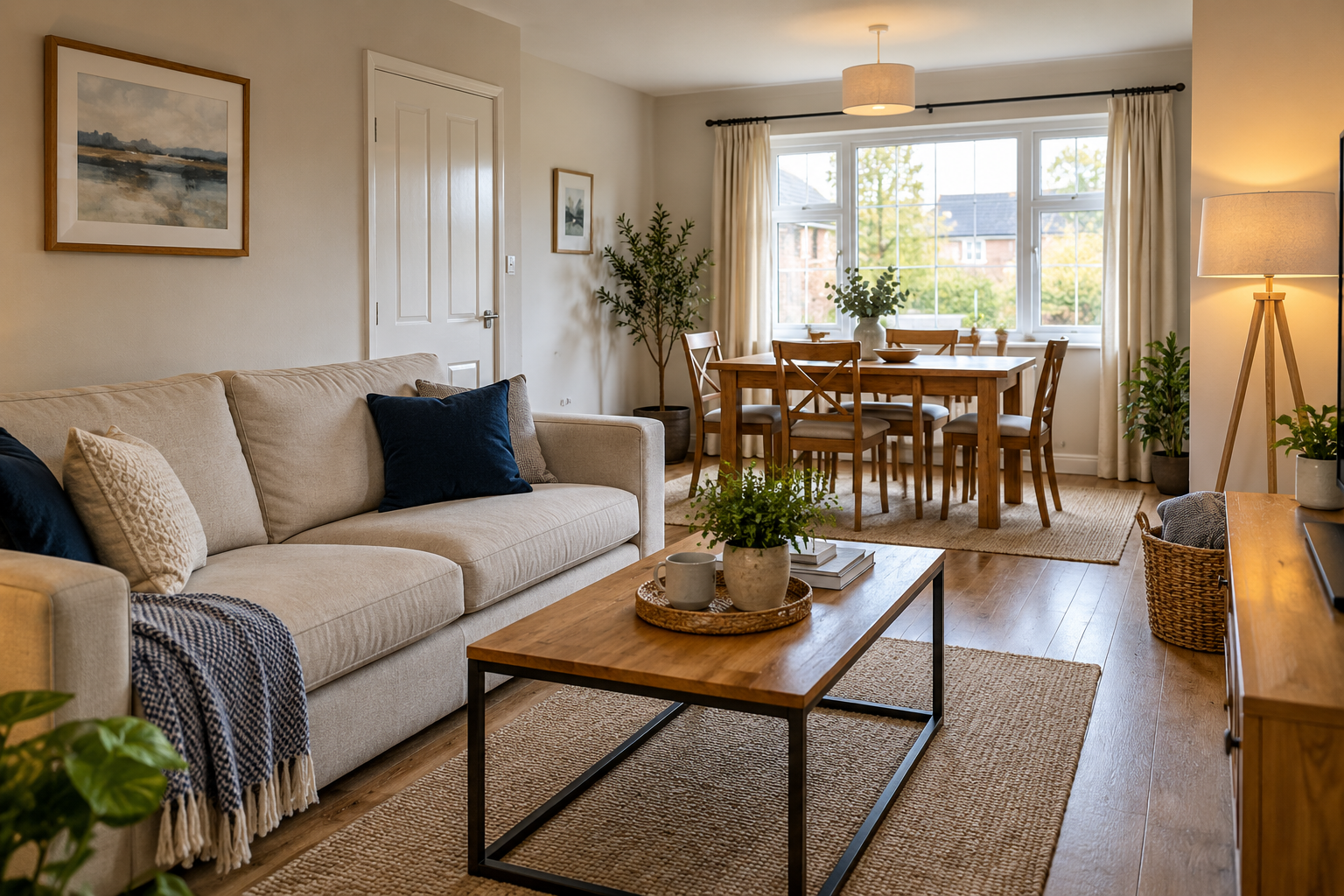 Illustrative living and dining space with a cream sofa, wooden table and natural daylight